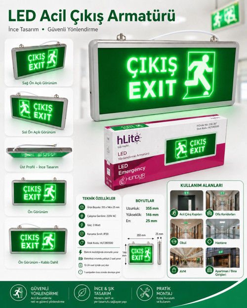 Exıt Çıkış Şarjlı Yönlendirme Armatürü Levhası 3w 220v IP20