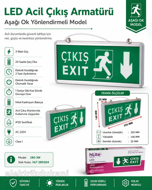 Exıt Çıkış Aşağı Ok İşaretli Şarjlı Yönlendirme Armatürü Levhası 3w 220v IP20