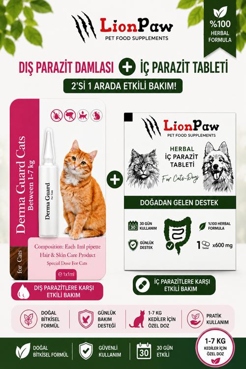 2'li Set Kediler İçin Bitkisel Iç Tablet Dış Ense Bitkisel Damla Seti - 1 Damla 1 Tablet