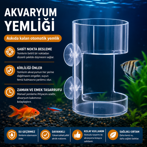 Akvaryum Yemleme Halkası Vantuzlu Akrilik Balık Yemliği | Yem Dağılmasını Önleyen Yüzen Yem Besleme Aparatı