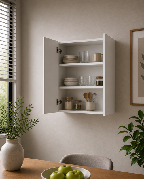 3 Raflı Çok Amaçlı Mutfak Dolabı Mat Beyaz MDF Lam 69x55x25 cm Yavaşlatıcılı Kapaklı Duvar Dolabı