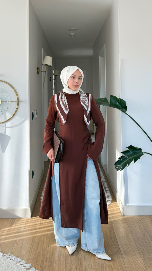 İnce Modal Kumaş Parçalı Arkadan Bağlama Detaylı Tunik – Kahverengi, Bebe Mavisi & Bej | 130 cm