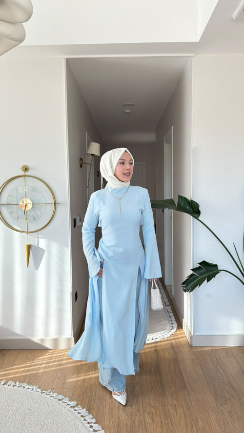 İnce Modal Kumaş Parçalı Arkadan Bağlama Detaylı Tunik – Kahverengi, Bebe Mavisi & Bej | 130 cm