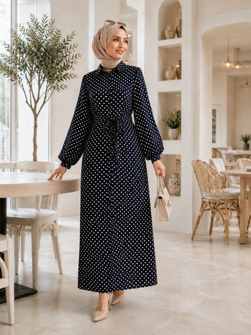 %100 Pamuklu-Puantiye Desenli Mango Kumaş Kuşaklı Gömlek Elbise – Yan Cepli | 135 cm