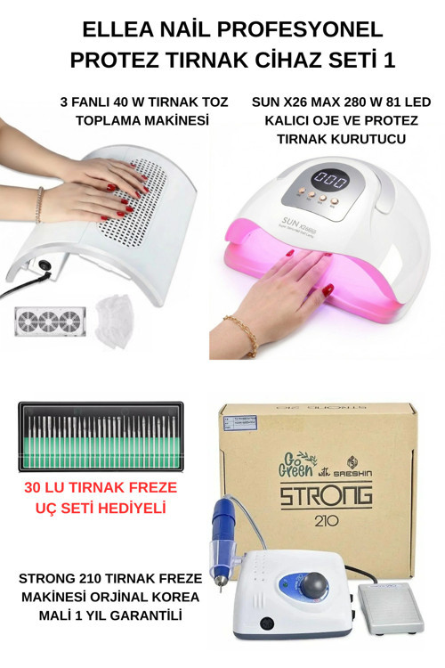 Protez Tırnak Cihaz Seti Strong 210 Freze Cihazı & 3 Motorlu Tırnak Toz Toplama & Sun X26 Uv 81 Led