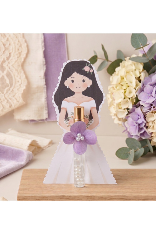 Söz Nişan Masası Hediyelikleri - Gelin Figürlü Tasarım Kartpostal ve İncili Mini Kolonya Cam Şişe Seti 10 adet