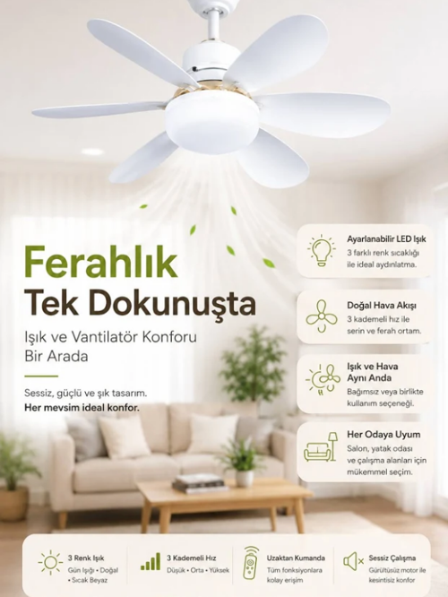 Kanatlı Tavan Vantilatörü Sessiz Çalışan Led Işıklı Uzaktan Kumandalı Lamba Işıklı Pervane