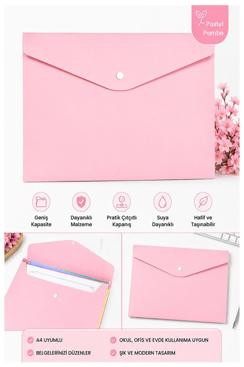 Çıtçıtlı Dosya Pastel Renkler A4 1 Adet Dosy Plastik Renkli Zarf Dosya Çıt Çıtlı Dosya Ödev Evrak Belge Saklama Dosyası