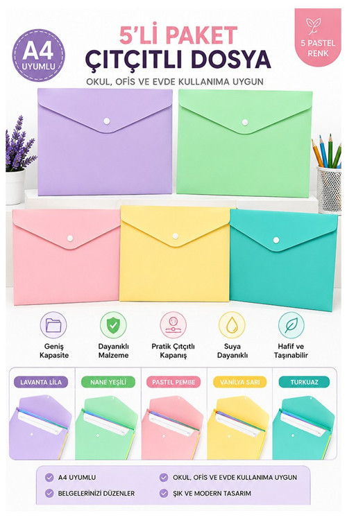 Çıtçıtlı Dosya 5 Renk Pastel A4 1 Paket Dosy Plastik Renkli Zarf Dosya Çıt Çıtlı Dosya Ödev Evrak Belge Saklama
