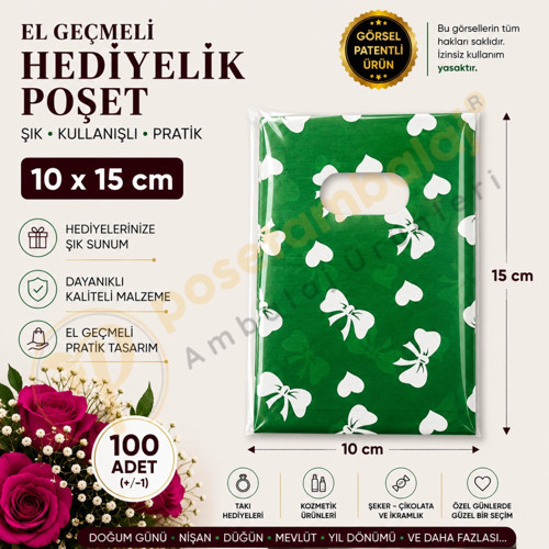 Yeşil Fiyonk & Kalp Desenli Hediyelik Poşet 10x15 cm