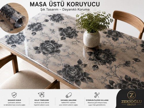 80 CM X 110 CM Masa Üstü Koruyucu Şeffaf SİYAH ÇİÇEK Desenli PVC Masa Örtüsü Silinebilir Koruyucu Kaplama