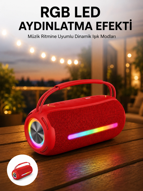 zeyta12 360 Rgb Led'li Taşınabilir Bluetooth Hoparlör – Kırmızı, Usb/tf Destekli zeytan45