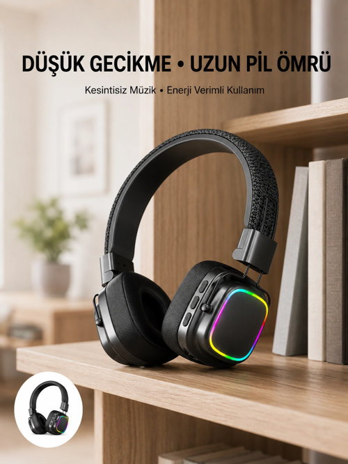 zentya4516 Mey İthalat® Bluetooth 5.3 Rainbow Işıklı Kulak Üstü Kablosuz Kulaklık Yeni Nesil