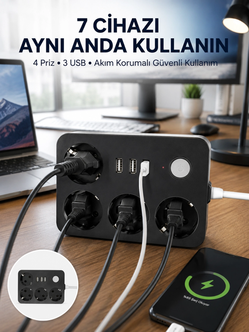 zentya4516 Mey İthalat® 3 USB Çıkışlı 4’lü Akıllı Priz 2500W 2 Metre Kablo zd4526