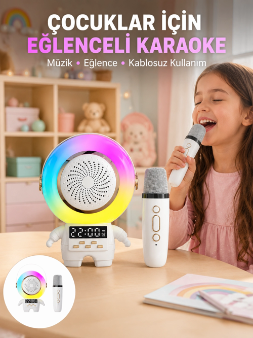 zentya4516 Mey İthalat® Renkli Işıklı Astronot Mini Bluetooth Speaker ve Karaoke Mikrofon zd452