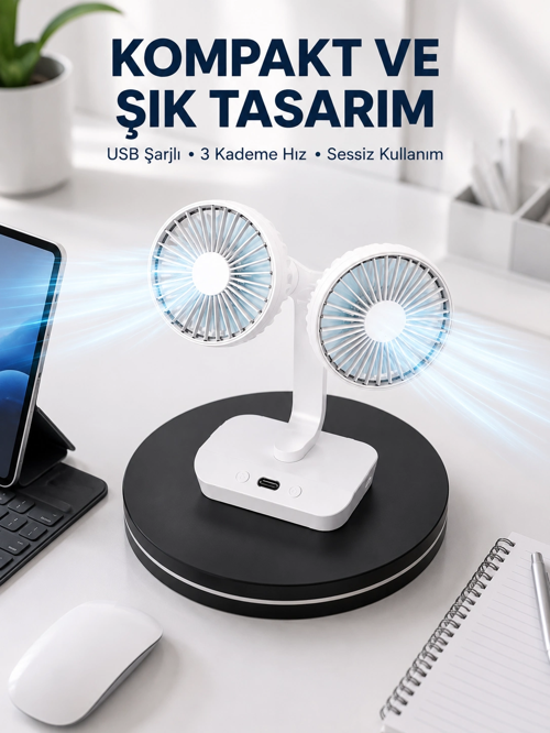 zentya4516 Mey İthalat® 720° Döner Çift Taraflı Masaüstü Vantilatör – USB Şarjlı Sessiz