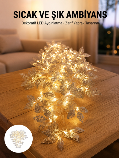 zentya4516 Mey İthalat® Gümüş Yaprak Tasarımlı LED Işık Pilli Ev ve Vitrin Dekoru zd4526
