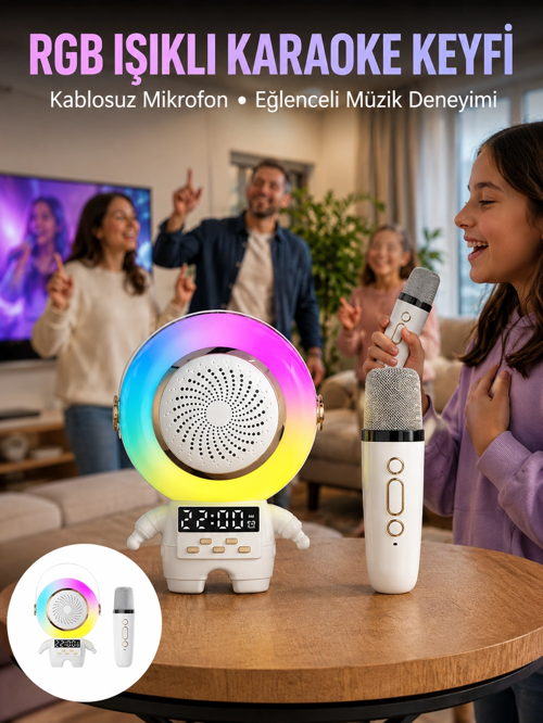zentya4516 Mey İthalat® Karaoke Özellikli Astronot Bluetooth Hoparlör Kablosuz Mikrofonlu zd4526