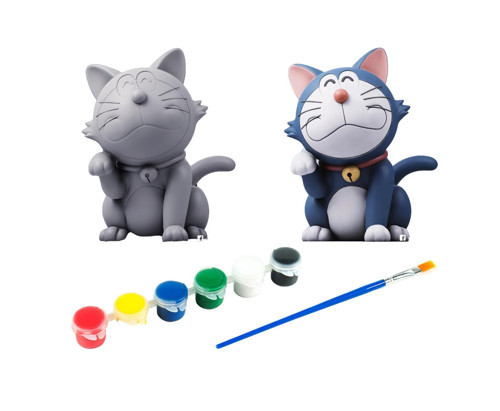 Doraemon Lucky Cat Kendi Biblonu Kendin Boya Seti - 3 Boyutlu Sevimli Biblolar + 5 Akrilik Boya ve Fırça Seti