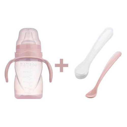 Antikolik Akıtmaz Alıştırma Bardağı 270 ml & İkili Ergonmik Beslenme Kaşığı - Powder Pink