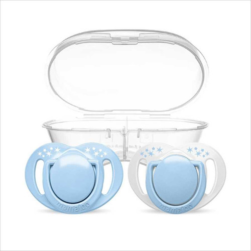 Ortodontik Emzik Seti 0 Ay+ Powder Blue | İkili, Silikon, Damaklı | Sterilizasyon & Saklama Kabı Hediyeli