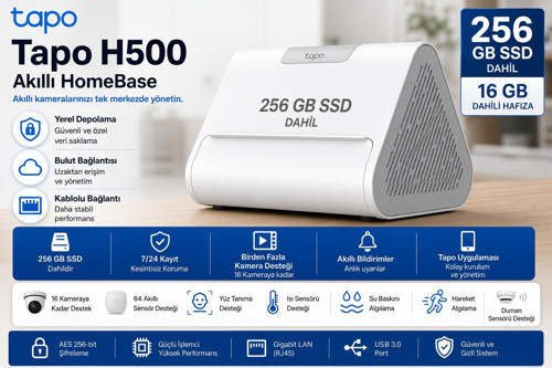 Tapo H500-256GB Akıllı HomeBase 16 GB + 256 GB SSD | 16 Kamera, 64 Sensör Destekli | Yüz Tanıma | Isı, Su Baskın