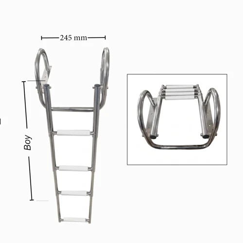 Katlanabilir Paslanmaz Tutamaklı Tekne Merdiveni (4 Basamaklı) En: 24.5 cm Boy: 120 cm