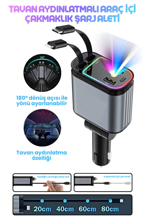 Led Işık Tavan Aydınlatmalı 66 Watt 4in1 Çift Kablolu Hızlı Şarj 3.4A Araç İçi Çakmaklık Şarj Aleti
