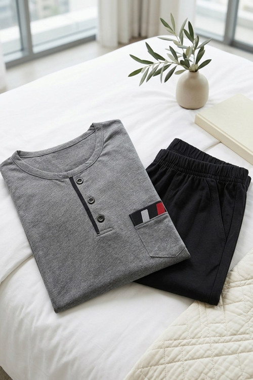Erkek Gri Viskon Karışımlı Uzun Kollu Düğmeli Biyeli Pijama Takımı