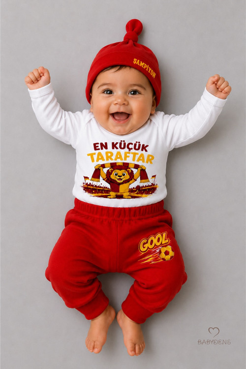 %100 Pamuk Sarı Kırmızı En Küçük Taraftar 3'lü Yenidoğan Bebek Takımı Uzun Kollu Body Pantolon Şapka Seti Unisex 0-9 Ay