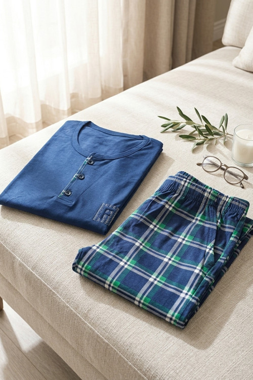 Erkek Lacivert Viskon Karışımlı Kısa Kollu Yazlık Soft Pijama Takımı