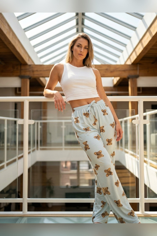 Büyük Beden Tek Alt Pijama Yumuşak Milan Kumaş İpli Bel Mavi Ayıcık Baskılı Sevimli Loungewear Panto