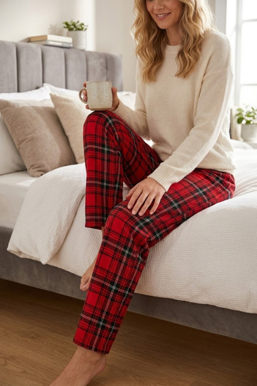Kadın Lastikli Bel Pamuklu Pijama Altı Soft Örme Mevsimlik Ev Pantolonu