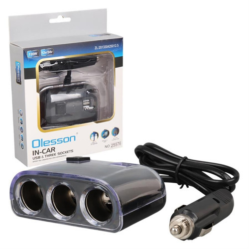 1505 12-24V Çift USB Girişli 120W 80cm Kablolu 3'LÜ Araç Çakmak Çoklayıcı