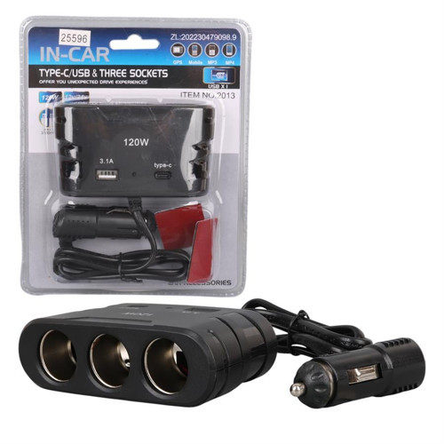 2013 12-24V TYPE-C + USB Girişli 120W 80 CM Kablolu 3'lü Araç Çakmak Çoklayıcı