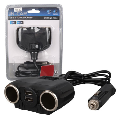 1630 12-24V Çift USB Girişli 120W 80cm Kablolu 2'LI Araç Çakmak Çoklayıcı