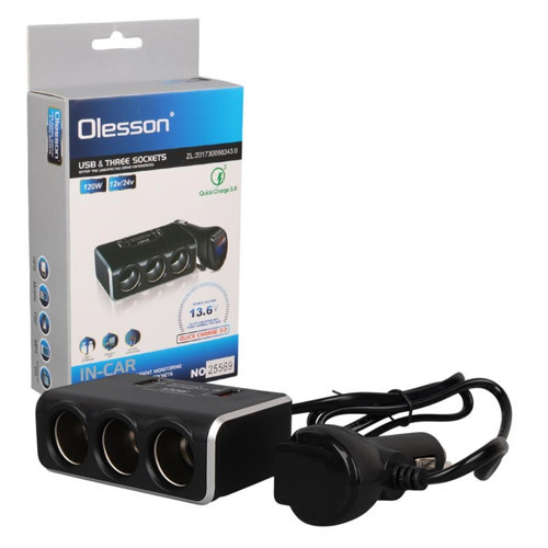 1639 12-24V Çift USB Girişli Hızlı Şarj Destekli 120W 80cm Kablolu Dijital Voltaj Ekranlı 3'lü Araç Çakmak Çokla