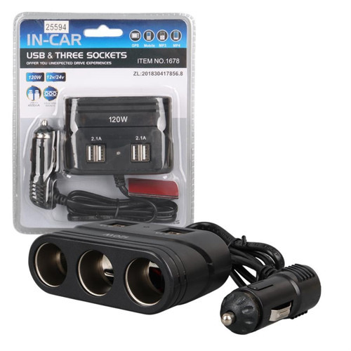 1678 12-24V 4 USB Girişli 120W 80cm Kablolu 3'lü Araç Çakmak Çoklayıcı