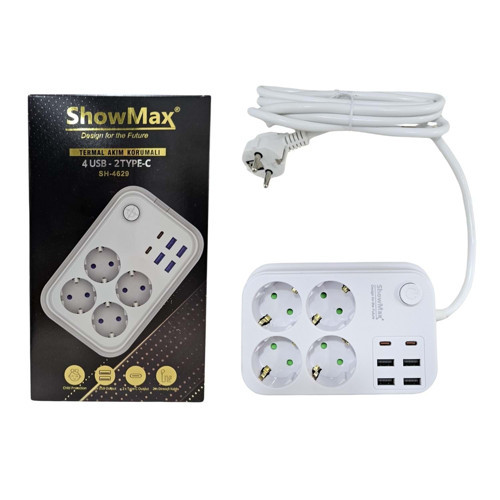 SH-4629 TERMAL AKIM KORUMALI PRİZ 4 PRİZ+4 USB+2 TYPE-C GİRİŞ