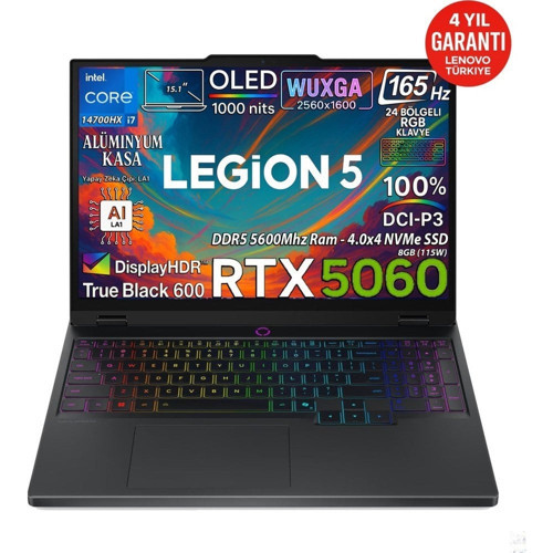 Lenovo Legion 5 15IRX10 Intel Core I7 14700HX 24-Gbddr5 2 Tbssd RTX5060 8gb (115W) OLED 15.1" Wqxga (2560X1600) 165Hz Windows 11 Pro 83LY00KXTRAT42