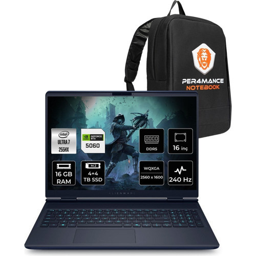 Dell Alienware 16X Aurora Core Ultra 7 255HX RTX 5060 8GB Gaming Laptop 16GB RAM 4TB SSD 16" QHD+ FreeDOS + Per4 Çanta AC16251CU732156WP312