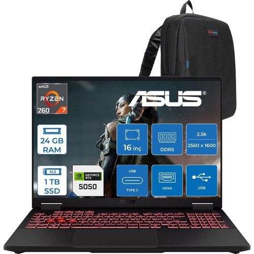 Asus Tuf Gaming A16 FA608UH Ryzen 7 260 Aı 24GB Ddr5 1tb SSD 16-Inch 8GB/RTX5050 115W, 1920 x 1200, Wuxga SRGB:100% 165Hz 3ms IPS Freedos Gaming Laptop ZRV099WF03+ZETTAÇANTA
