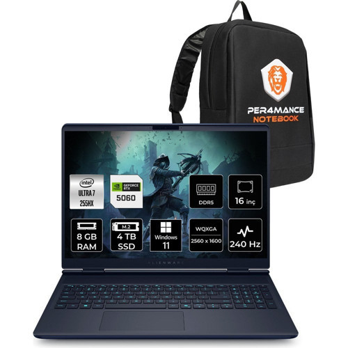 Dell Alienware 16X Aurora Core Ultra 7 255HX RTX 5060 8GB Gaming Laptop 8GB RAM 4TB SSD 16" QHD+ Win11 Pro + Per4 Çanta AC16251CU732156WP425