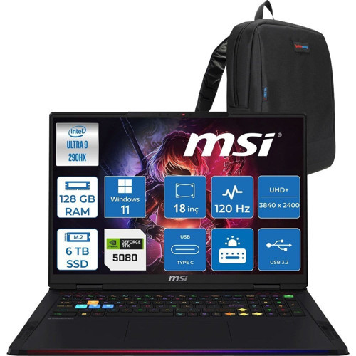 MSI Raider 18 Max Hx A2WI-1040TR Intel Core Ultra 9 290HX Plus 128GB Ddr5 6tb SSD Rtx 5080 16GB 175W Windows 11 Pro 18” Uhd+ (3840X2400) Miniled 120HZ IPS Oyuncu Bilgisayarı 1040TRP29 + Zetta Çanta