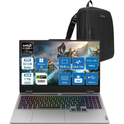 Lenovo Loq 15AHP10 Amd Ryzen 7 250 Aı 32GB Ddr5 1tb SSD 8GB/RTX5060 100W Gddr7 15.6" Fhd (1920X1080) IPS 300NITS 144Hz WIN11PRO Gaming BILG.83JG008UTRP08+ZETTAÇANTA