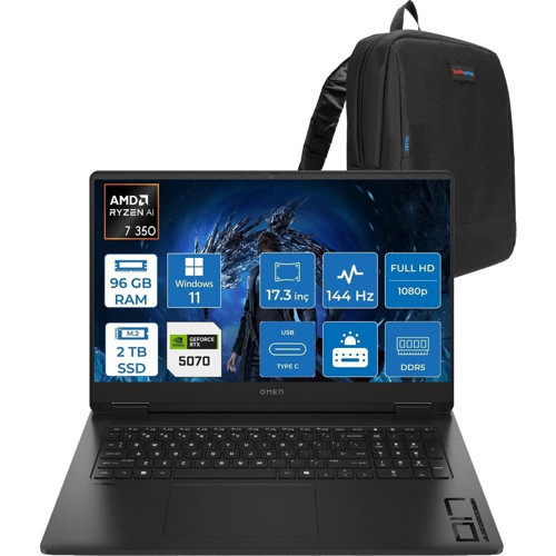 HP Omen 17-DB1005NT Amd Ryzen Aı 7 350 96GB Ddr5 2tb SSD RTX5070 8gb Gddr7 17.3 Inç Fullhd (1920 x 1080) 144Hz 7ms 300NITS IPS Windows 11 Pro Taşınabilir Bilgisayar C67G2EAP45 + Zetta Çanta