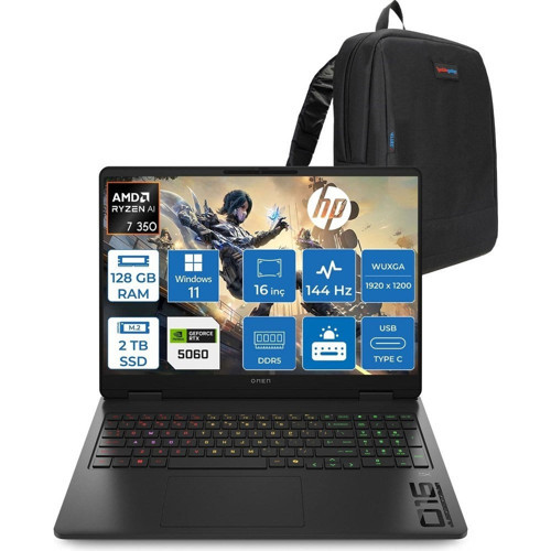 HP Omen Gaming Amd Ryzen™ Aı 7 350 128GB Ddr5 2tb SSD 16" Inch 8GB/RTX5060 2k (1920 x 1200),144 Hz, IPS 300NIT Mikro Kenarlı Yansımasız WIN11PRO Gaming Bilgisayar C12CSEAP39+ZETTAÇANTA