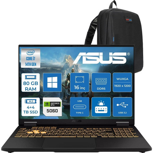 Asus Tuf Gaming F16 FX608JMI Intel® Core™ I7 14650HX 80GB Ddr5 4tb+4tb SSD 8GB/RTX5060 115W 16-Inch Fhd+ 1920 x 1200, 144Hz IPS-SRGB:100% WINDOWS11PRO Gaming Laptop WTU403P40+ZETTAÇANTA