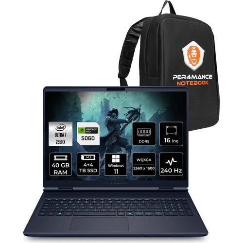 Dell Alienware 16X Aurora Core Ultra 7 255HX RTX 5060 8GB Gaming Laptop 40GB RAM 4TB SSD 16" QHD+ Win11 Pro + Per4 Çanta AC16251CU732156WP450