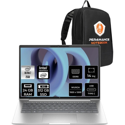HP Elitebook 6 G1I Core Ultra 7 255U 24GB RAM 512GB SSD 14" FHD+ FreeDOS CV0G8ETPN312 Notebook + Per4 Çanta